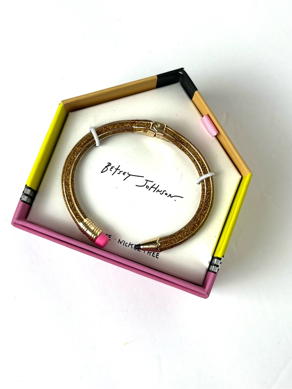 Betsey Johnson Gold Glitter Pencil Cuff Bracelet with Box School Gift Teacher